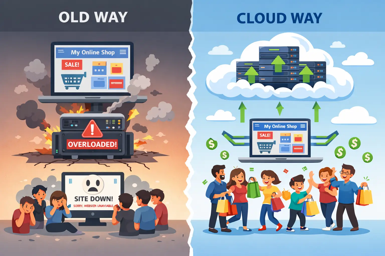 Comparison of traditional computing vs cloud computing showing server overload and seamless cloud scalability