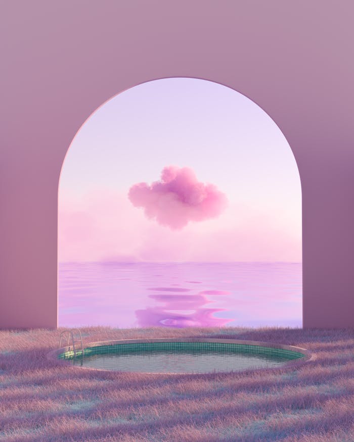 Dreamy digital artwork featuring a pink cloud, archway, and serene pool reflection at dawn.
